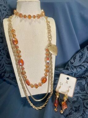 3 Piece Set Gold-Tone Orange Beaded Multi-Strand Necklace, Bracelet & Earrings